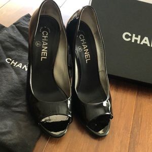 CHANEL Black silver open toe high heel 36.5 in box